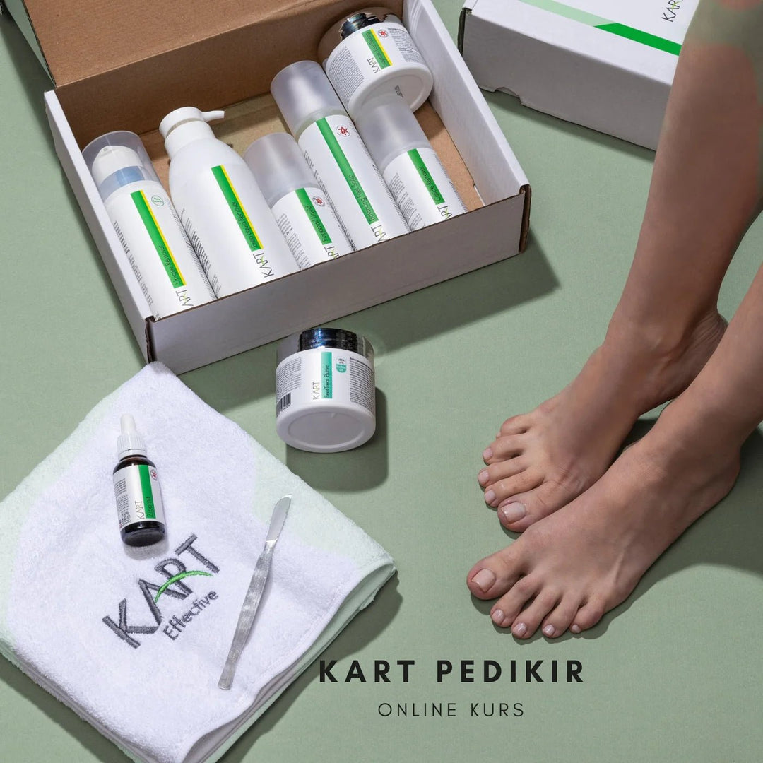 Kart Pedikir foot care products and tools on a green surface with a person's feet.